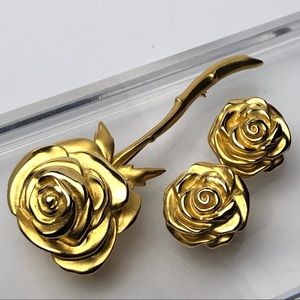 RARE VTG 70s GIVENCHY ROSE BROOCH AND EARRINGS